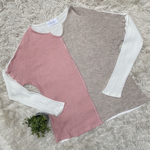 Christie Jenny Boston Waffle Notch Collar Waffle Top 💗 Pink Oatmeal & White - Picture 2 of 15